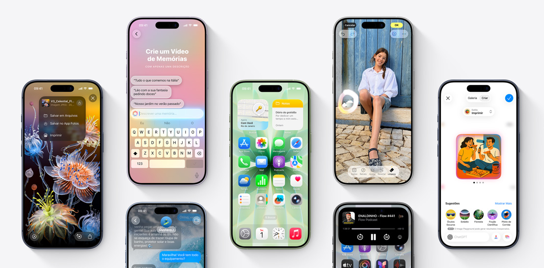Vários aparelhos iPhone 17 e iPhone 17 Pro, cada um com uma tela diferente mostrando recursos do iOS 26 e da Apple Intelligence