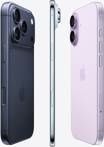 Tres dispositivos colocados en forma de abanico: lateral de la cámara de un iPhone 17 Pro azul profundo, lateral del perfil de un iPhone Air azul cielo y lateral trasero de un iPhone 17 color lavanda.