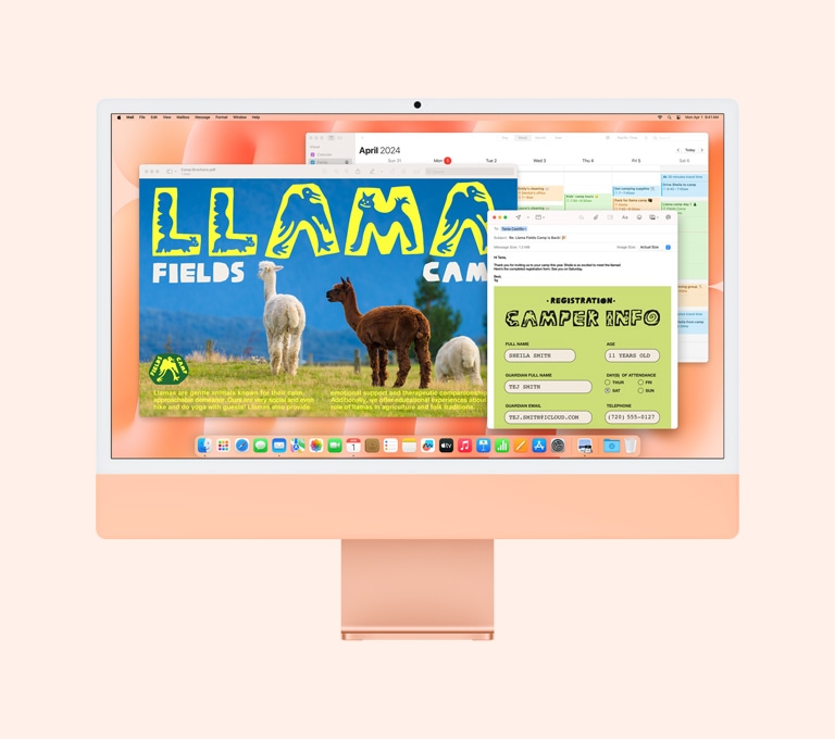 Oranž iMac: ekraanil kuvatakse kasutuselolevat eelvaate-, meili- ja kalendri rakendust.