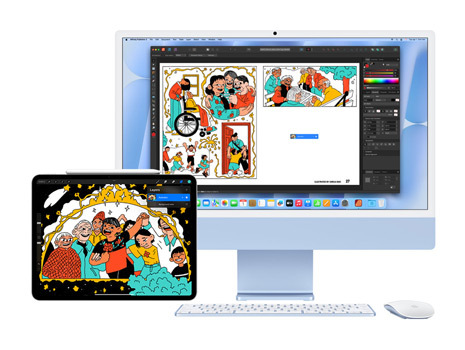 Eine farbige und verspielte Illustration werden auf einem iPad und einem iMac Display gezeigt. Auf dem iMac ist die Illustration in einer kreativen App.