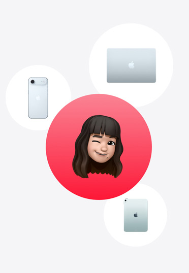 Apple Watch, MacBook, iPad, rondom een Memoji in rode cirkel.
