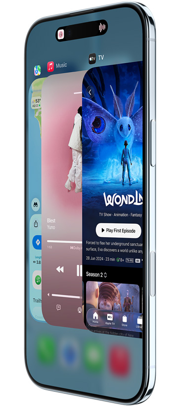 Vista frontal e lateral do iPhone Air, com as apps Mapas, Música e Apple TV+, a mostrar a funcionalidade Seletor de aplicações em utilização