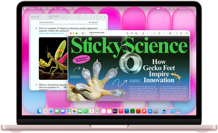 MacBook Neo i farven rouge viser en artikel om biomimetik og en quiz i et lignende emne
