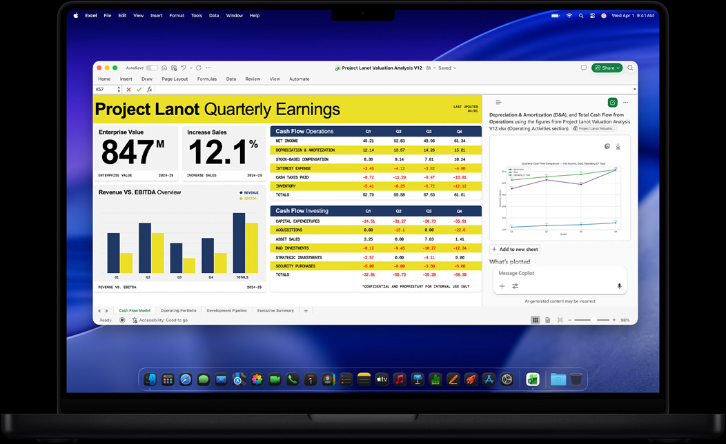 Scherm van een MacBook Pro met Excel waarin een kwartaalrapport wordt opgesteld