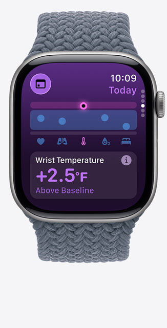 Apple Watch Series 11 med urkasse i skiferfarvet titanium, appen Vitalparametre, diagram med sundhedsresultat, notifikation om håndledstemperatur over referencepunkt, Digital Crown i højre side og Flettet Solo Loop i stålblå