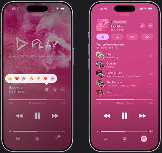 iPhone sur la gauche affichant la chanson « Sapphire » d’Ed Sheeran en cours de lecture sur l’écran de l’iPhone avec un emoji de réaction proposant les options pouce levé, cœur, célébrer, pouce baissé ou ajouter une autre réaction. iPhone sur la droite affichant une playlist collaborative intitulée Playlist Road Trip avec plusieurs morceaux ajoutés par d’autres personnes