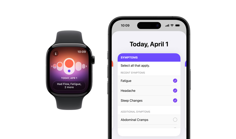 Apple Watch Series 11,拋光亮黑色鋁金屬錶殼,配搭黑色運動錶帶,展示經期追蹤 app;已配對的 iPhone 上打開了每日徵狀選擇器