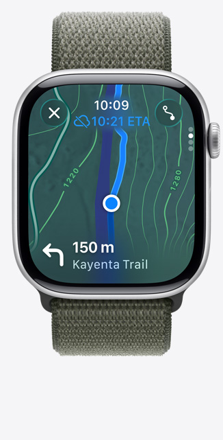 Apple Watch Series 11，地圖 app 畫面展示遠足路線