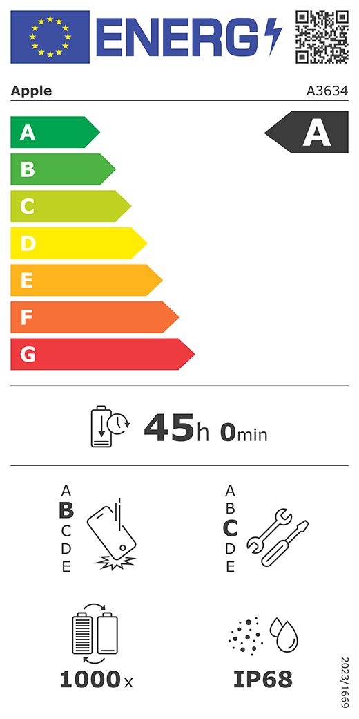 QR kod i informacije za EU oznaku energetske učinkovitosti, Appleov model A3634, razred A, razredi energetske učinkovitosti (prema ljestvici od A do G), od A (najučinkovitije) do G (najmanje učinkovito), izdržljivost baterije po ciklusu, 45 sati i 0 minuta po punom punjenju baterije, razred B za pouzdanost pri višekratnim slobodnim padovima, od A (najizdržljivije) do E (najmanje izdržljivo), razred C za popravljivosti, od A (najlakše popravljivo) do E (najteže popravljivo), 1000 ciklusa izdržljivosti baterije, ocjena IP68 za zaštitu od prodora prašine i vode (IP), uredba 2023/1669