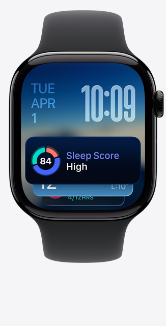 Apple Watch Series 11 magasfényű kozmoszfekete alumíniumtokkal, Intelligens pakli, értesítés az alvási pontszámról, jobb oldali nézet, Digital Crown, fekete sportszíj