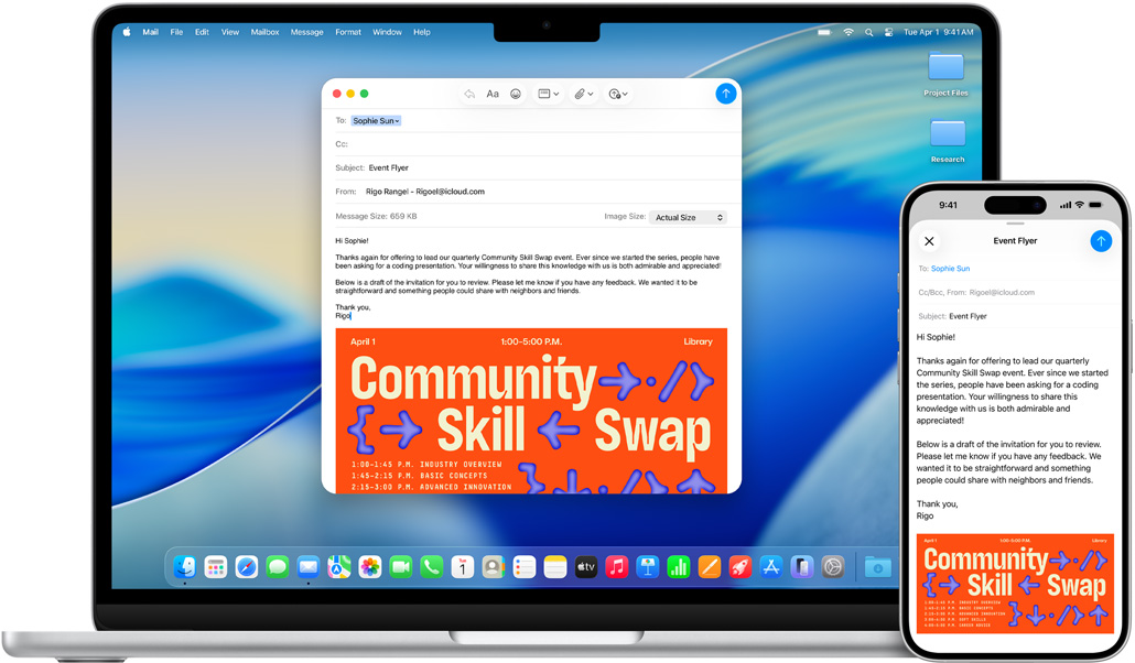 iPhone 16 Plus, MacBook Air 13 inci, aplikasi Mail terbuka, draf email yang sama ditampilkan di kedua layar