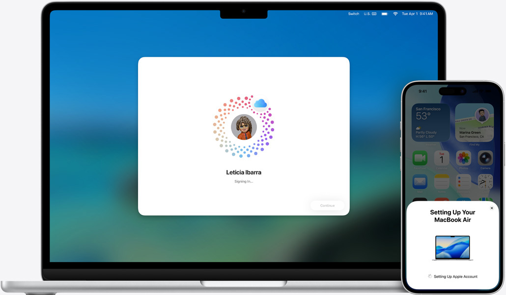 MacBook Air 13과 iPhone 16 Plus의 모습. MacBook에 macOS가 설치되고 있고, iPhone에는 설정 프롬프트가 표시되어 있습니다.
