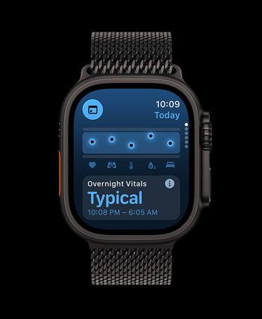 Apple Watch Ultra 3, black color, titanium case, Vitals app, chart scoring health, Overnight Vitals outliers notification, band, black Milanese Loop