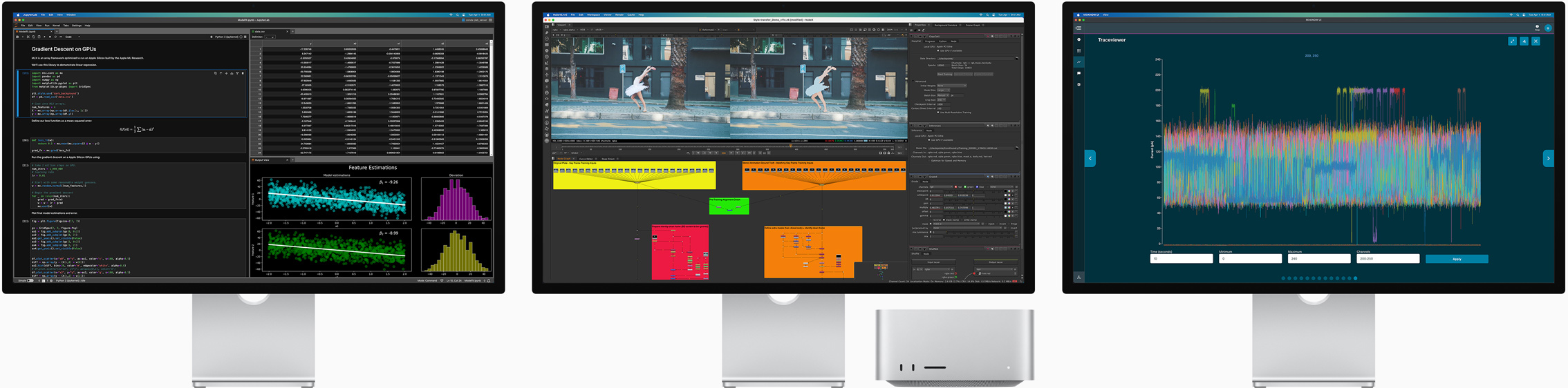„Mac Studio“ ir trys „Studio Display“, kurių ekranuose įjungtos skirtingos „macOS“ programos