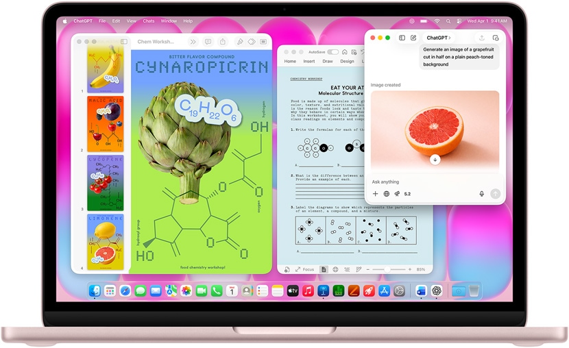 MacBook Neo maigi sārtā krāsā, tiek izmantots ChatGPT, lai ģenerētu greipfrūta attēlu, citos logos ir Keynote dokuments ar nosaukumu ‟Molekulu plakāti”, kurā redzami augļu un dārzeņu attēli ar saistītajiem molekulārajiem savienojumiem, un saistīts Microsoft Word dokuments