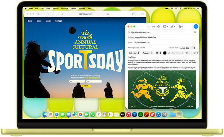 MacBook Neo w kolorze cytrusowożółtym, użytkownik pisze mejla z zaproszeniem na wystawę sztuki, otwarta jest strona internetowa z informacjami o wydarzeniu