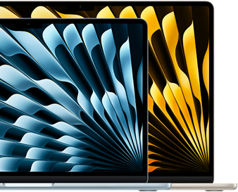 Două laptopuri MacBook Air ce arată dimensiunile relative ale ecranelor: 13,6 inchi și 15,3 inchi, măsurate pe diagonală
