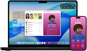 MacBook Pro a iPhone 16 Plus, otvorená apka Telefón, na oboch obrazovkách sa zobrazuje rovnaký kontakt