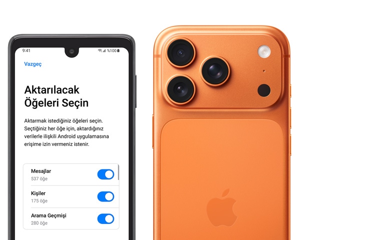 Yan yana duran Android ekranında iOS’e Taşı Uygulaması gösteriliyor ve iPhone 17 Pro arkadan dış görünümünde Pro Fusion kamera sistemi, 3 lens, mikrofon, flaş görünüyor