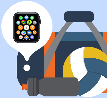 插圖畫著使用尋找 app 在運動袋中找到遺失的 Apple Watch