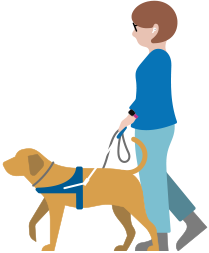 視覚に障がいのある人物がAirPodsを装着して盲導犬と歩いている