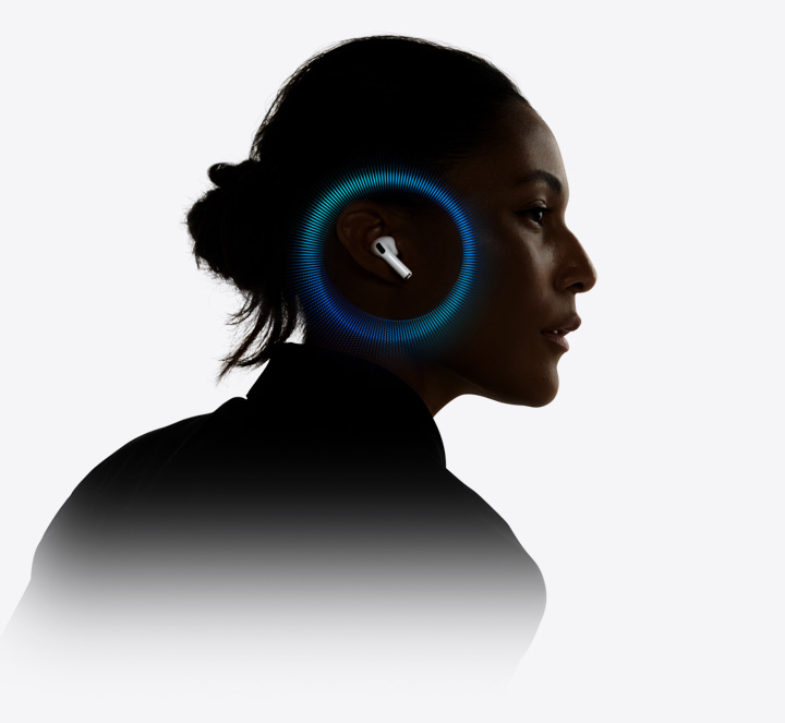 En person med AirPods Pro 3 i øret og lydbølger rundt om øret.