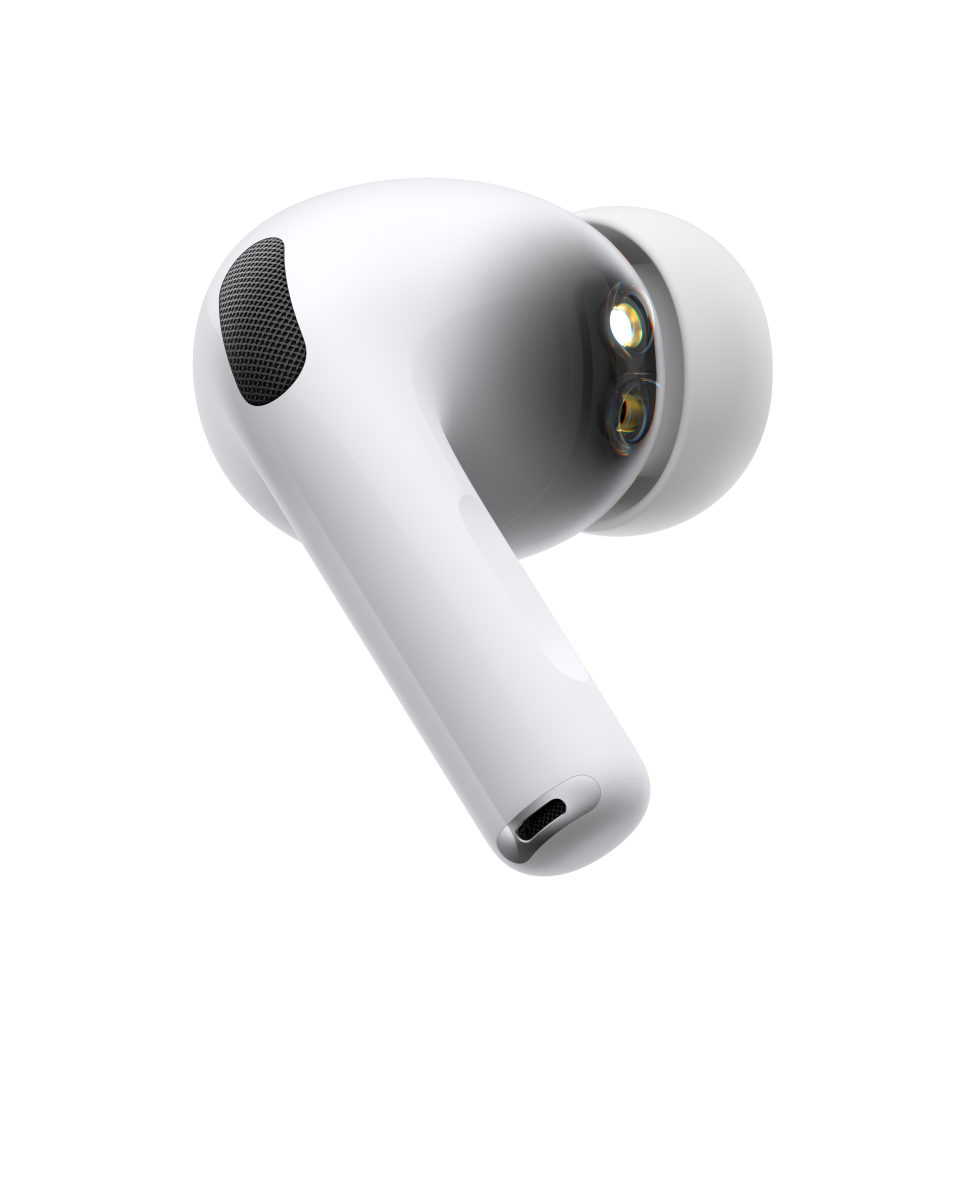 Trådløs AirPods Pro 3-øretelefon i hvid vist fra siden med kort rørformet stav, støjreducerende mikrofon, silikoneprop og pulserende bølge