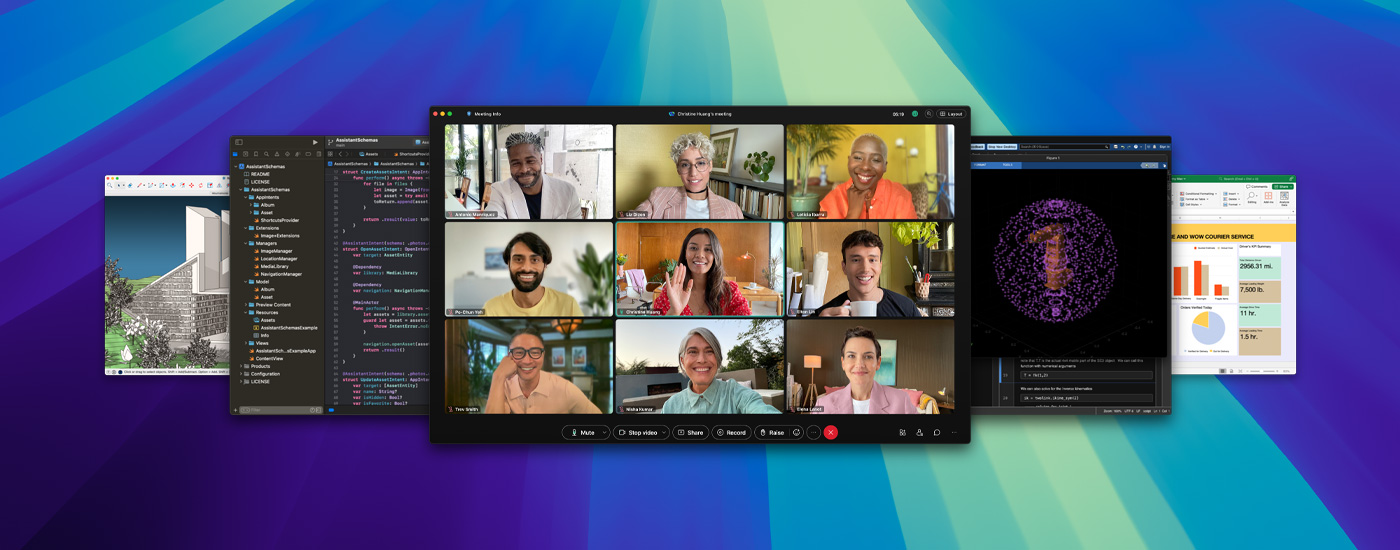 Mehrere App Bildschirme, darunter ein virtuelles Meeting auf Zoom.
