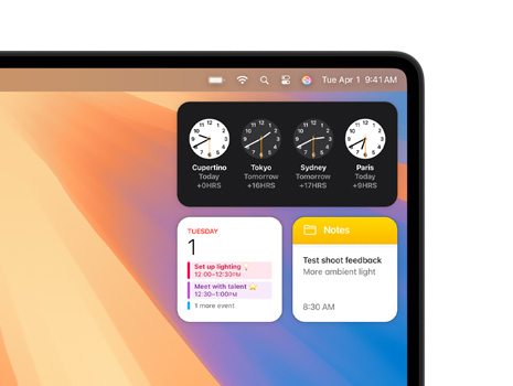 Verschiedene Widgets auf dem Mac Schreibtisch, darunter Uhr, Kalender, Notizen und Wetter.