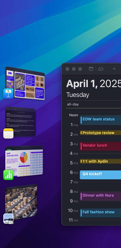 Plusieurs apps iOS affichées sur le bureau à l’aide de Stage Manager, dont l’app Calendrier, la plus visible.