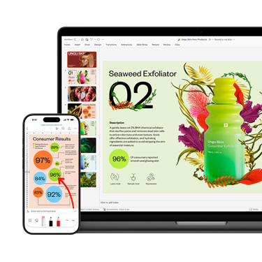 Un Mac e un iPhone mostrati di fronte con sezioni diverse della stessa presentazione molto colorata incentrata su un prodotto per la cura della pelle.