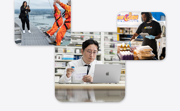 Piccole imprese di vario tipo, tra cui un farmacista con camice da laboratorio che interagisce con un MacBook, un’istruttrice di bungee jumping che usa iPhone per fotografare due persone che stanno per saltare, un uomo che tiene in mano un iPad mentre interagisce con dei prodotti alimentari.