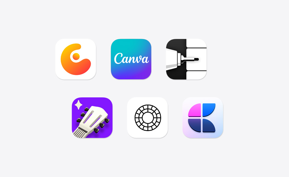 ไอคอนแอปมากมายกระจายอย่างไม่เป็นระเบียบ เช่น Concepts, Canva, Flow Note Taking, Simply Guitar, VSCO, Craft