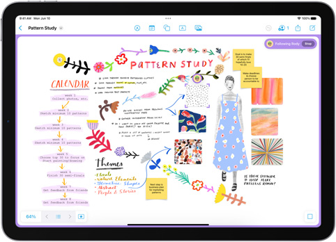 แอป Freeform บน iPad แสดงกระดาษโน้ตหลายแผ่นบนบอร์ดที่ตั้งชื่อว่าการศึกษารูปแบบ