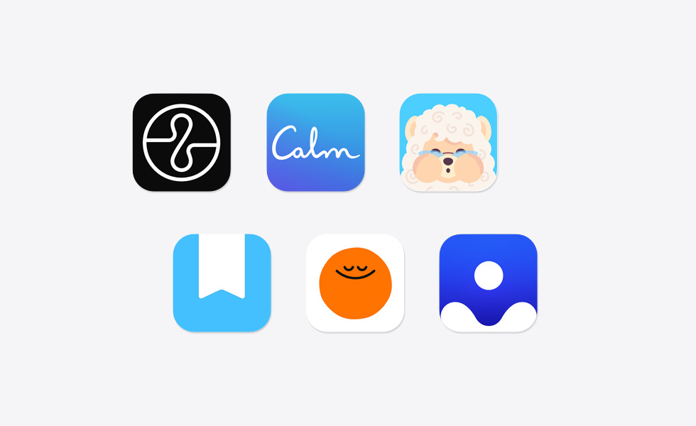 ไอคอนแอปมากมายกระจายอย่างไม่เป็นระเบียบ เช่น Endel, Calm, Mindllama, Day One Journal, Headspace, Clearful