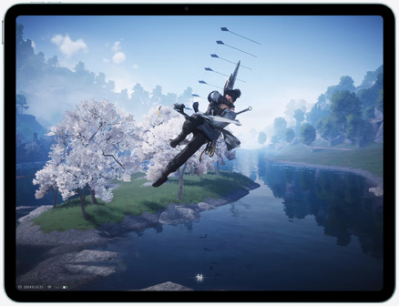 iPad Air, eksterior depan, menampilkan adegan game aksi Control