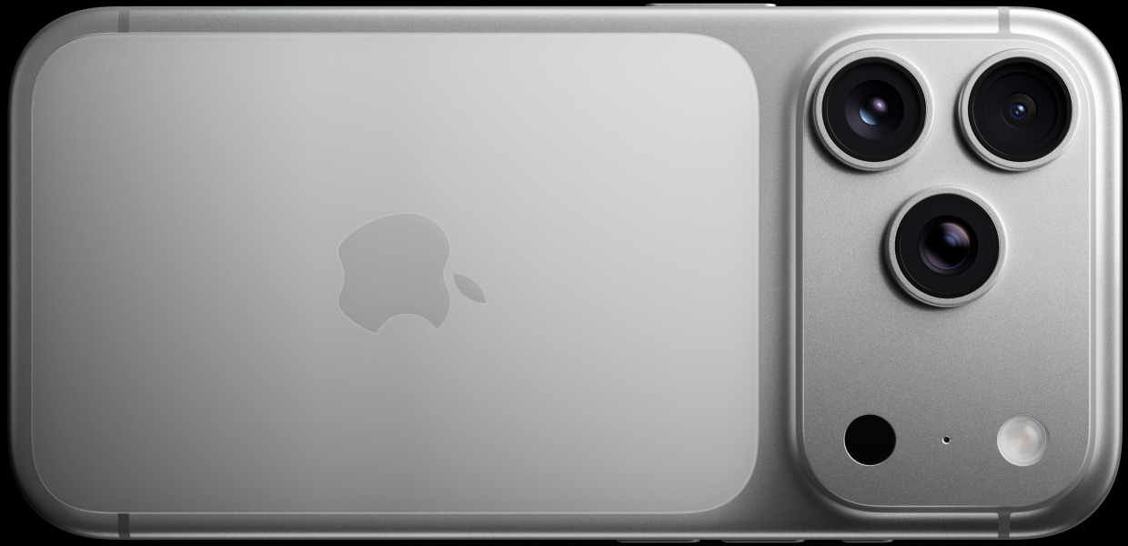 Vista traseira do iPhone 17 Pro prateado, com sistema de câmaras Pro Fusion, 3 lentes, microfone e flash
