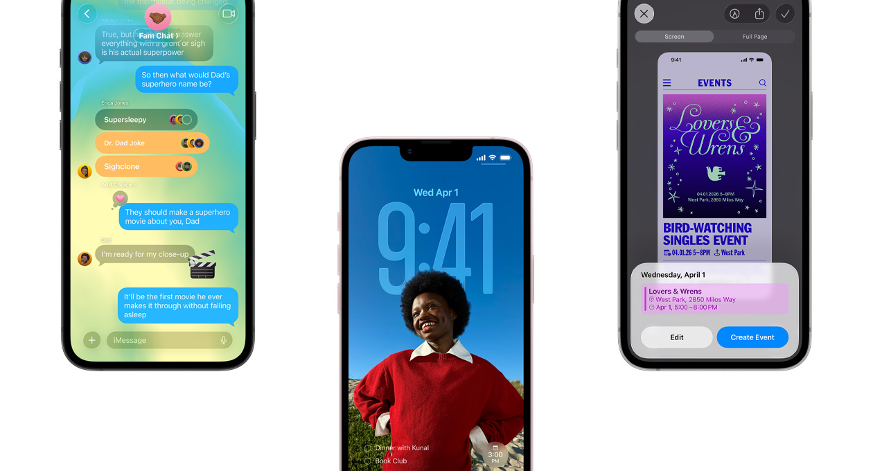 Three iPhone 17e devices, front exterior, showing Messages app with Liquid Glass design, dynamic Lock Screen, and screenshot feature with Calendar event in use