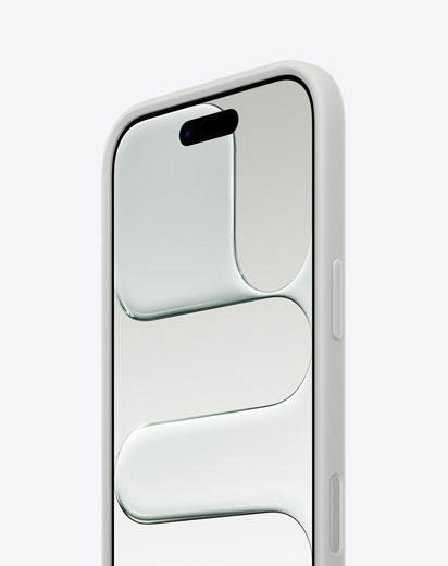Vista frontal e lateral do iPhone Air, perfil fino, com a Capa Bumper em cinzento‑claro