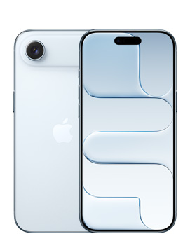 Vista traseira do iPhone Air, na cor azul‑céu, com sistema de câmara Fusion em cima e logótipo Apple no centro. Vista frontal do iPhone Air, na cor azul‑céu, com Dynamic Island centrada em cima