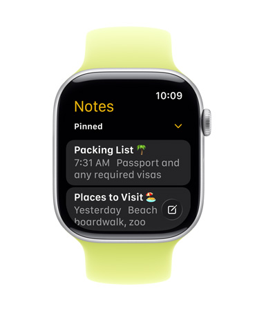 Apple Watch Series 11, urskiven viser appen Noter med to fastgjorte noter.