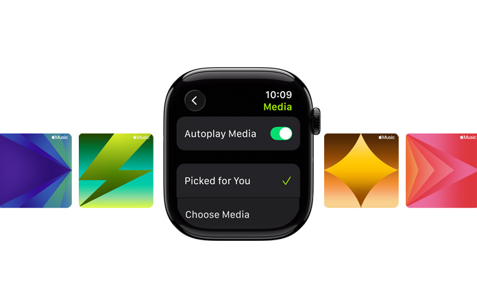I midten et pianosort Apple Watch uden rem med mulighederne Udvalgt til dig og Vælg medie på urskiven og tilpassede Apple Music-baggrunde bagved.