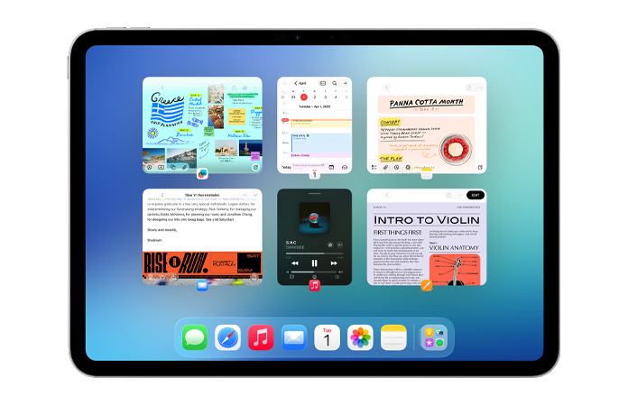 iPad, horizontale stand, toont zes geopende vensters in twee rijen, waaronder Agenda, Notities, Apple Music en Safari