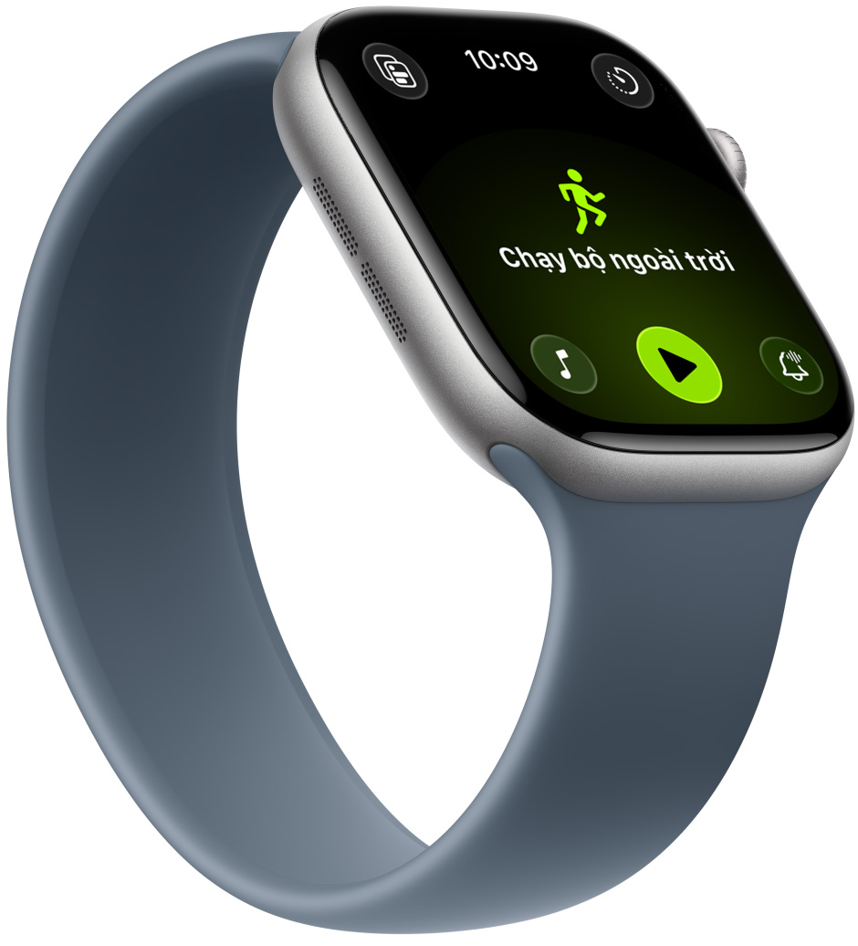 Apple Watch Series 11, aluminum case, space gray color, Outdoor Run workout, Apple Music controls at bottom of screen, Solo Loop, anchor blue color