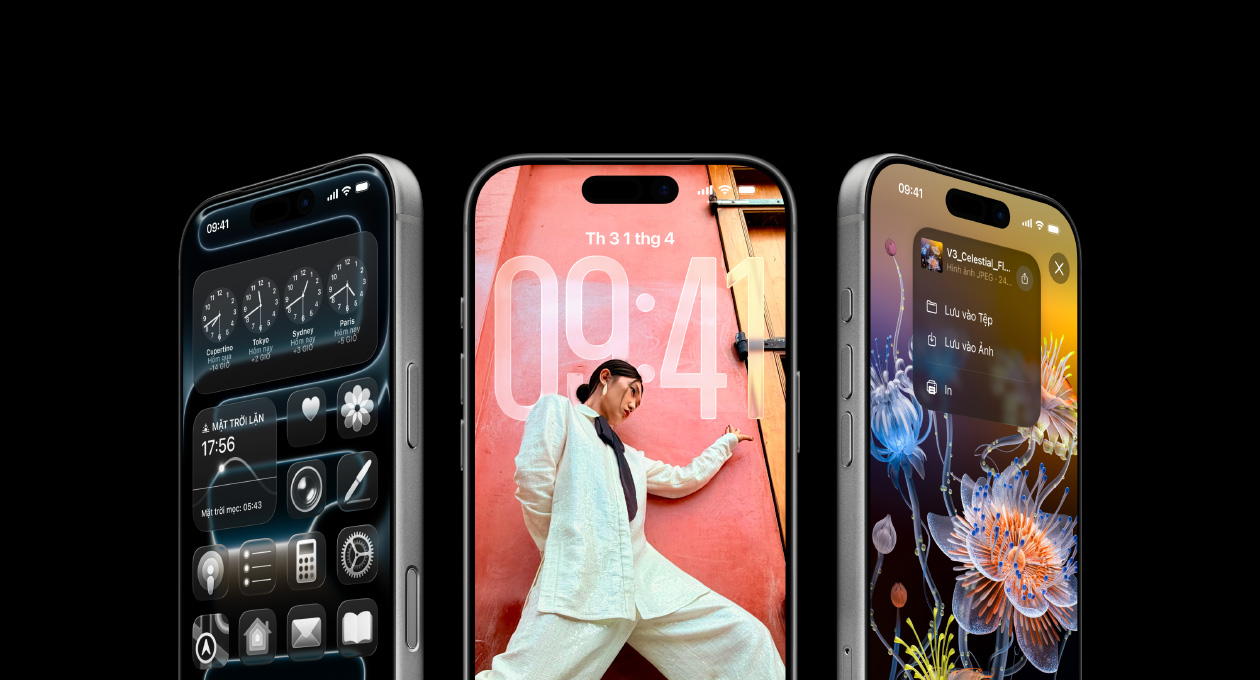 3 phiên bản iPhone 17 Pro, vỏ ngoài mặt trước, đặt cạnh nhau, minh họa ứng dụng Đồng Hồ Thế Giới, màn hình khóa iOS 26 và cách Lưu Từ Ghi Chú trên ứng dụng Ghi Chú.